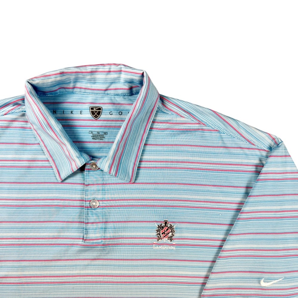 Nike Golf Mens XL Polo Shirt Blue Pink Striped Fit Dry Lansdowne Crest Short Slv